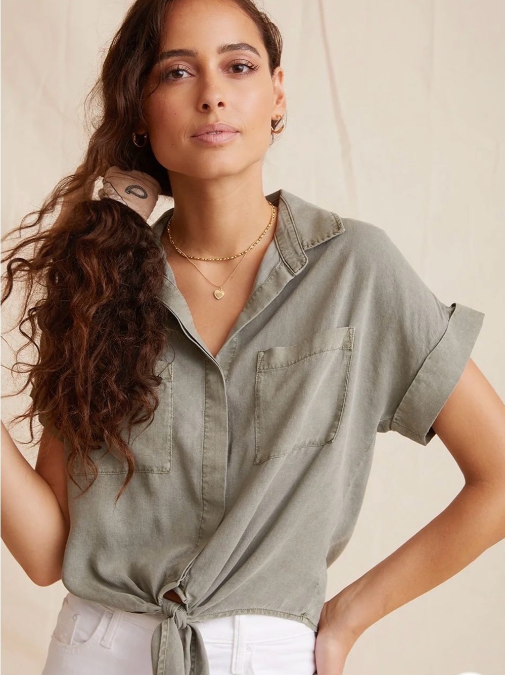 Cloth & Stone Sage Tie-Front Short Sleeve Button-Down Summer Vacation Shirt Sm